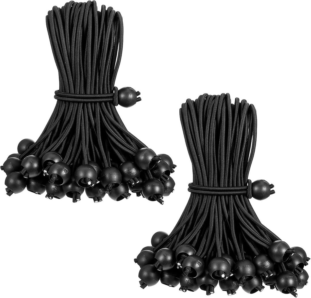 100 PCS Tarp Bungee Balls Ties 8 Inch, Black Bungee Cord with Balls, Heavy Duty High Elastic Bungee Cord Canopy Tie Down for Tarp,Camping Tent,Shelter,Shades Cloth,Cargo,Projector