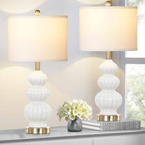 Rinweey Triple Gourd Ceramic Table Lamps Set of 2, Modern White Bedside Lamps with Rotary Switch Contemporary Nightstand Lamps for Bedroom Living Room