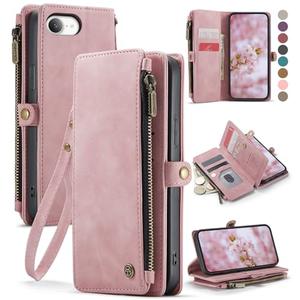 Defencase for iPhone 16E Case Wallet with RFID Blocking Card Holder Slots for Women Men, Elegant PU Leather Magnetic Snap Flip Wristlet Strap Zipper Wallet Phone Cases for iPhone 16e 2025, Pink