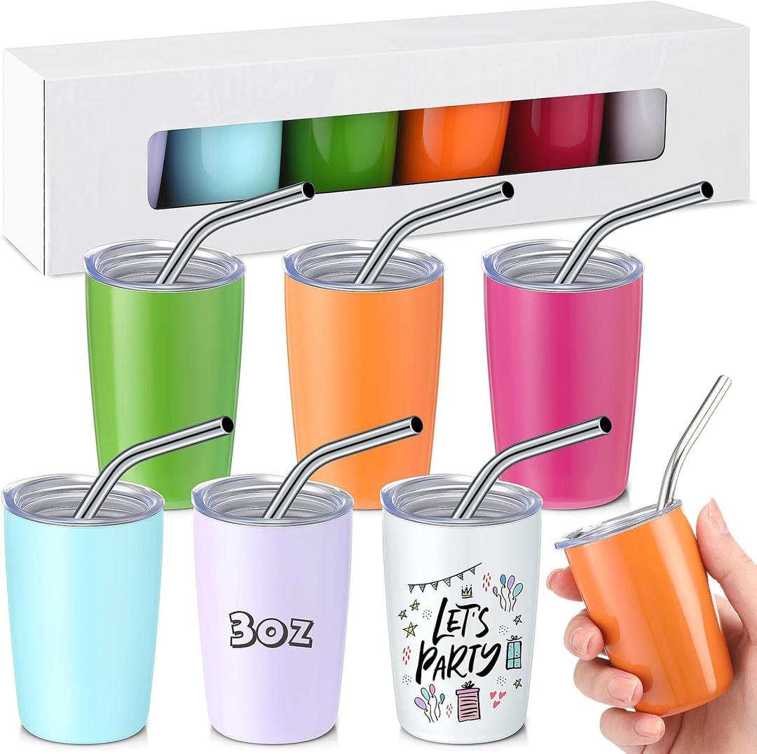 6 Pcs Mini Stainless Steel Tumbler Shot Glasses with Straw and Lid, 3oz Capacity, Multicolor Set for Party, Bar, Travel, Camping (Colorful)
