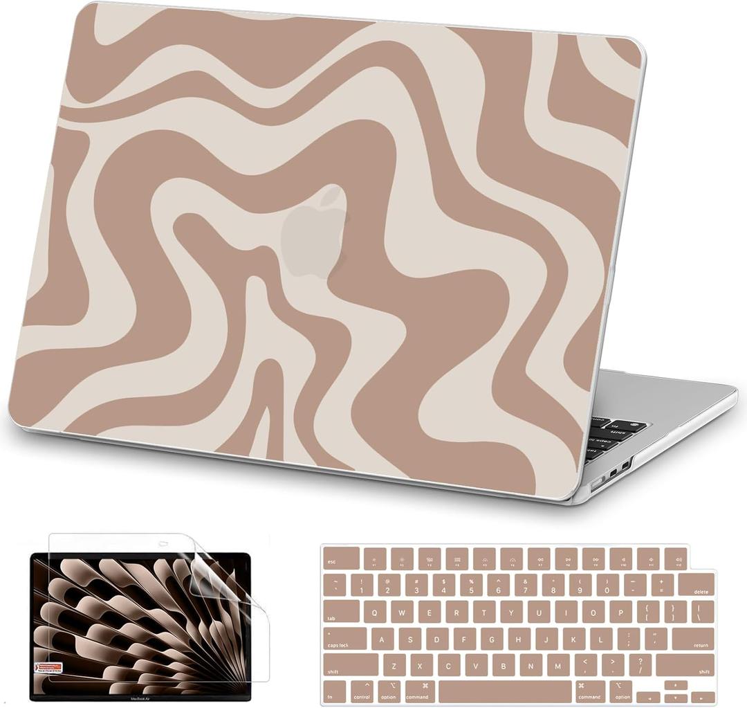 AKIT Compatible with MacBook Air 13 inch Case 2026 2025 2024-2022 M4 M3 M2 A3240 A3113 A2681, Pattern Hard Shell Laptop Case+Screen Protector+Keyboard Cover for MacBook Air 13.6 inch 2025, Brown Wave