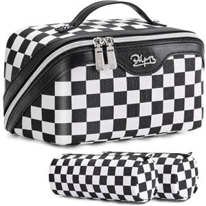 BOYATU Travel Makeup Bag Cosmetic Bags for Women: Large Make up Bags Set of 3 - Portable Makeup Organizer with Compartments&Handle&Divider - Waterproof PU Leather Toiletry Bag(A-5-Checkered Mix Black)
