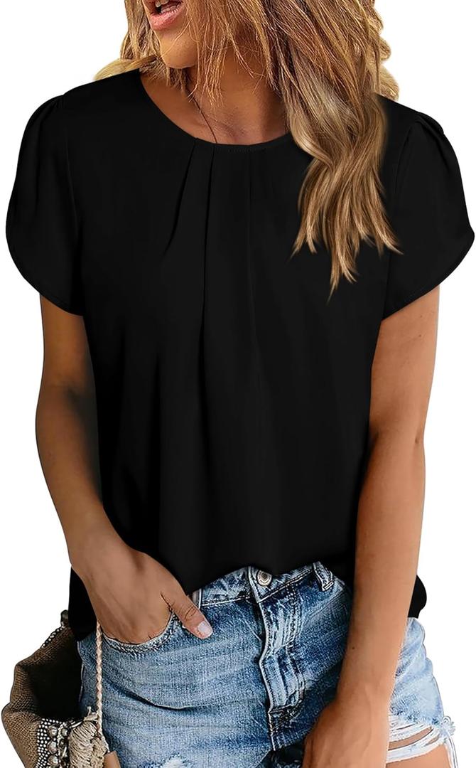 PRETTYGARDEN Women's Tops 2026 Casual Summer Round Neck Short Sleeve Basic Pleated Loose Fit Blouses Plain Tunic Shirts (X-Large, Black)