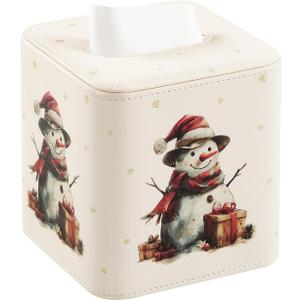 PU Leather Tissue Box Cover with Magnetic Closure, Square Tissue Box Holder with Rounded Edges Design (Snowman, Square)