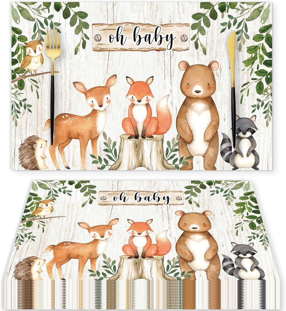 50 Pieces Paper Placemats for Woodland Baby Shower, 11"x17" Forest Animals Disposable Table Place Mats, Woodland Animals Baby Shower Decorations