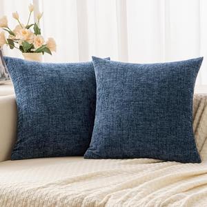Woaboy Pack of 2 Blue Pillow Covers 18x18 Inch Soft Chenille Couch Throw Pillows Solid Color Cushion Covers Home Decoration for Sofa Living Room