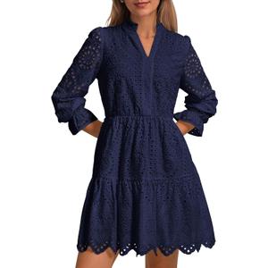 PRETTYGARDEN Women's Spring 2025 Long Puff Sleeve Mini Dress Hollow Out Lace V Neck A Line Ruffle Casual Party Dresses (Navy, Medium)