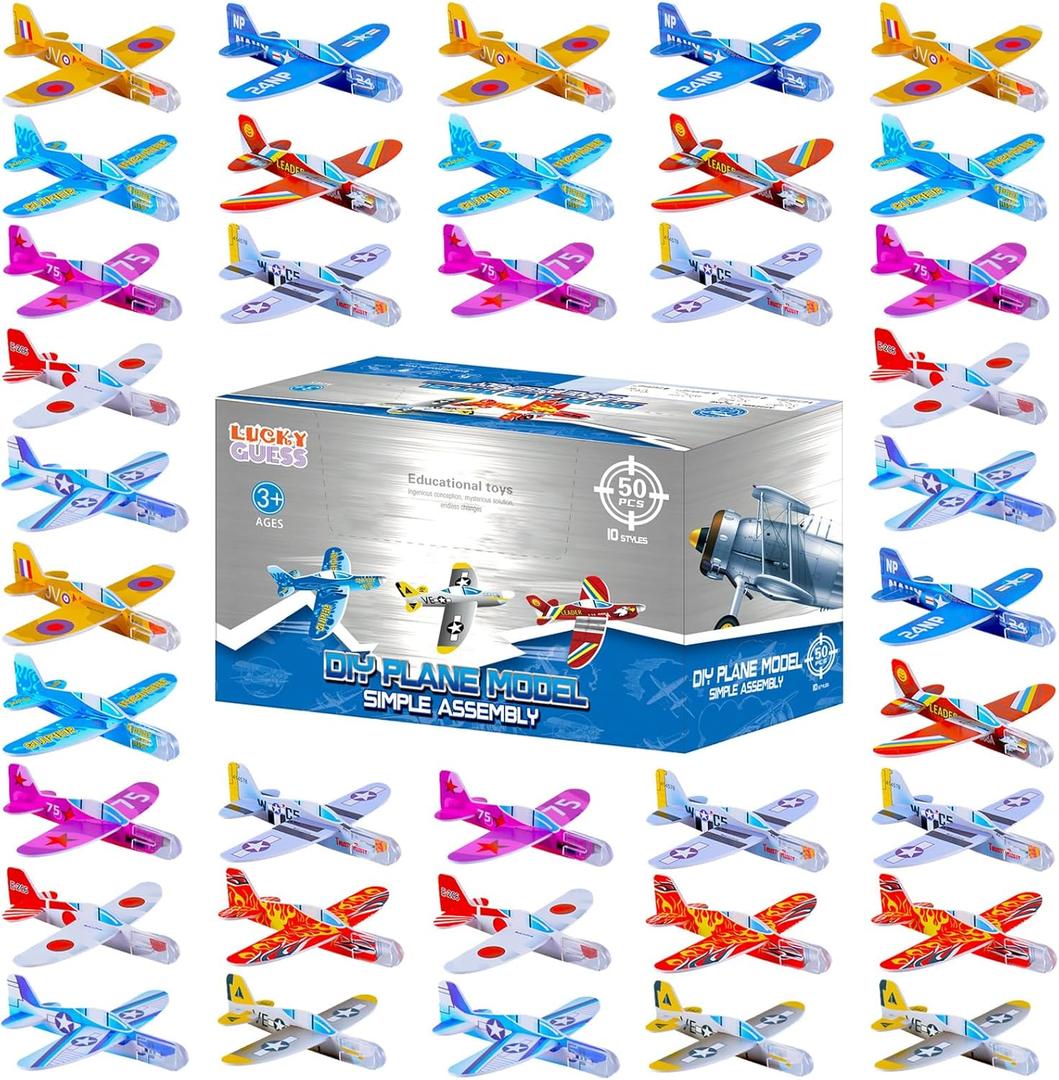 LUCKY GUESS Foam Gliders Planes Toys, Paper Airplane, Assorted Colors, Easy Assembly, Perfect for Party Favors & Classroom Prizes, Outdoor Flying Toys for Kids Boys and Girls (50 Pcs Foam Airplane)