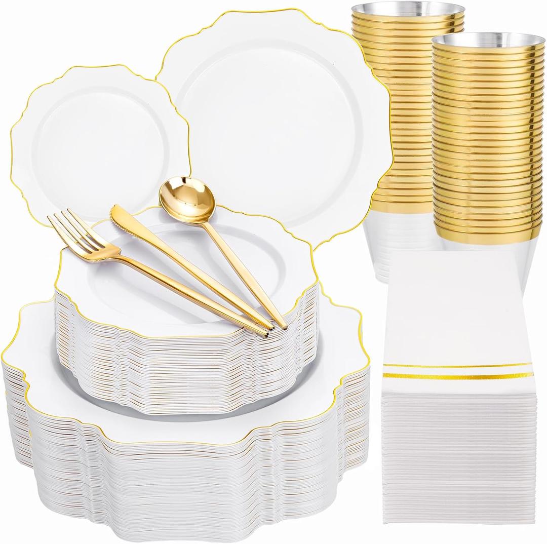 WDF 350PCS White and Gold Plastic Plates - Gold Plates Disposable 50Guest Plastic Dinnerware Ideal for Party/Wedding/Birthday