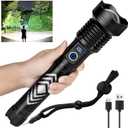 Flashlight High Lumens 90000 Rechargeable Flashlight, 5 Light Modes Adjustable Focus, Super Bright LED Flashlight, IPX7 Waterproof Powerful Flash Light for Camping, Hiking and Home