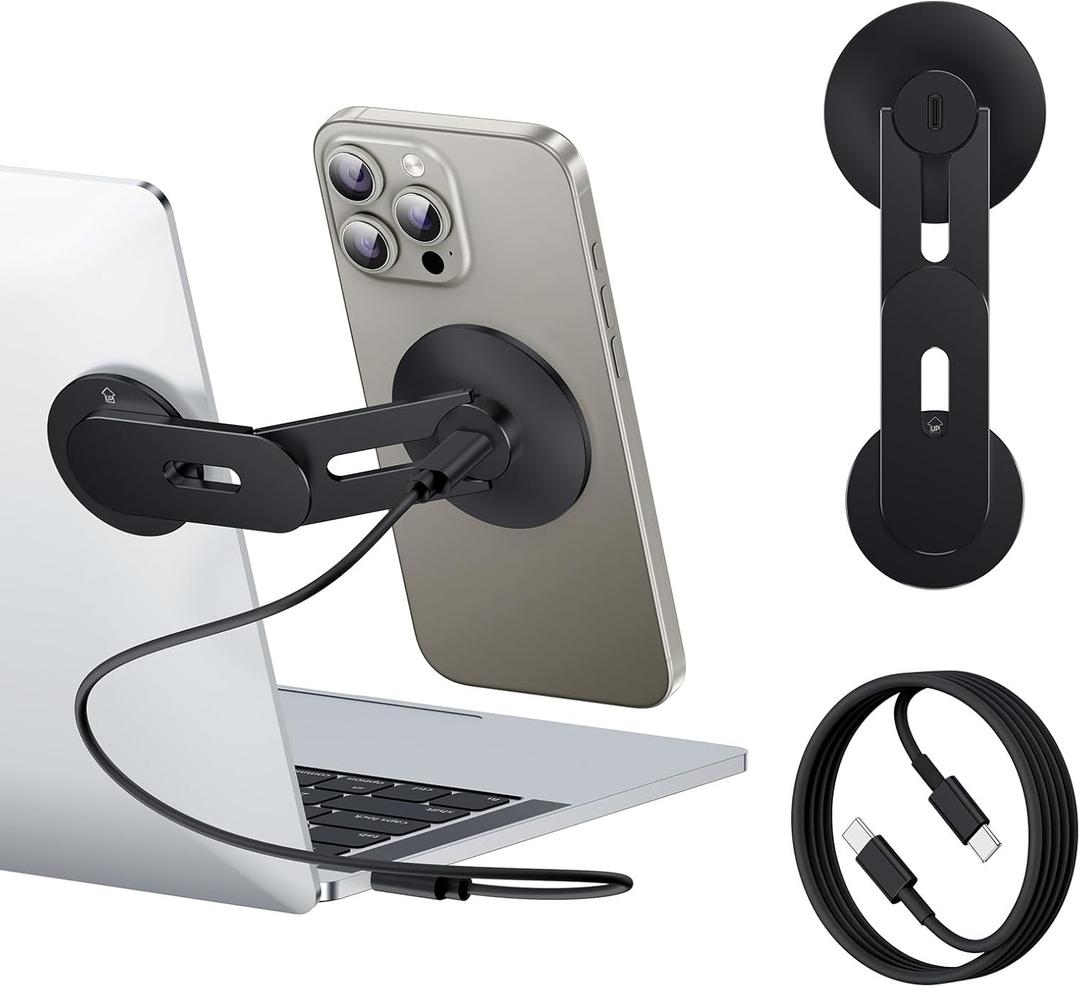 Laptop Phone Holder, Magnetic Phone Stand 15W Fast Wireless Charger for MagSafe for iPhone 17/16/15/14/13/12 & All Phones for Tesla (Black)