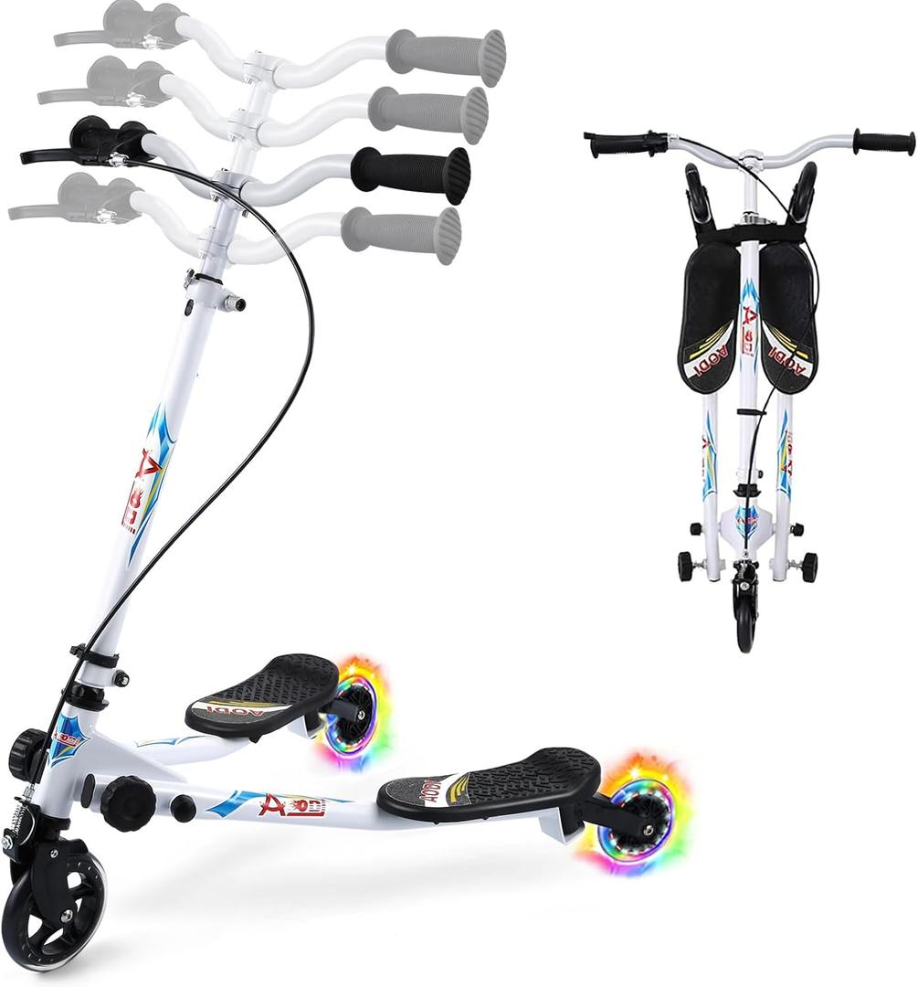 Swing Scooter for Kids, 3 Wheels Foldable Wiggle Kick Scooter Push Drifting With 4 Adjustable Handlebar & 2 Rear LED Wheel for Boys And Girls Ages 3-8 (White)
