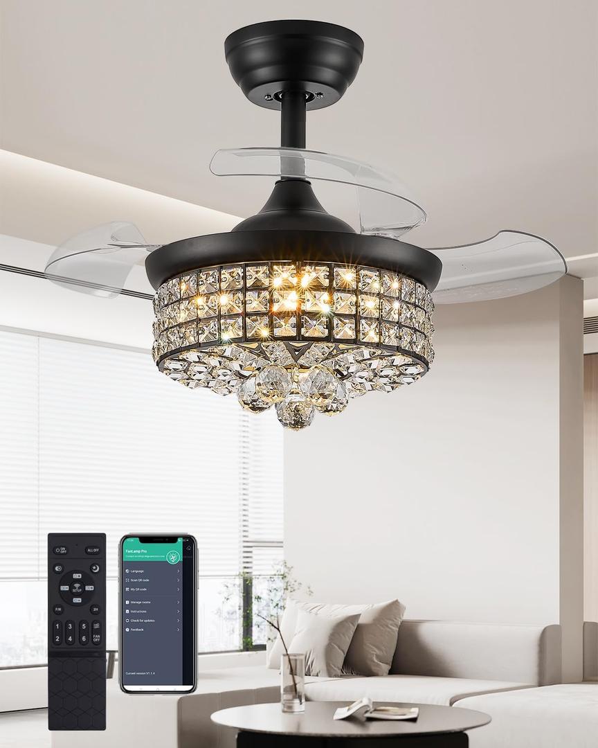 30 Inch Dimmable Chandelier Ceiling Fan, Crystal Fandelier Ceiling Fan with Light and Remote for Bedroom Living Room, Black