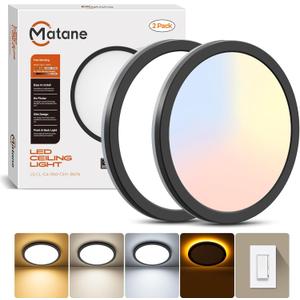 Matane 2Pack Dimmable Flush Mount Ceiling Light Fixture with Night Light, 18W 3000K 4000K 5000K, LED Low Profile Ceiling Lights for Bedroom Hallway Kitchen, 8.7inch Black Round