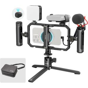 SmallRig All-in-One Universal Quick Release Phone Video Rig Kit Pro, Phone Stabilizer Rig Kit with LED Light Microphone QR Tripod Dual Handles Power Bank Holder, for Creator & Live Streaming - 4704