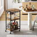 TUTOTAK Bar Cart with Removable Tray, Home Bar Serving Cart, Drink Cart, Mobile Kitchen Shelf with Wine Rack and Glass Holder, Rolling Beverage Cart for Living Room, Kitchen, Brown BC01BB036, 13"D X 17"W X 34.4"H