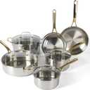 Martha Stewart Castelle 10 Piece Stainless Steel Induction Safe Pots and Pans Non-Toxic Kitchen Cookware Set - Gold Handles