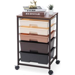 SYKIARIOL Utility Cart with 5 Drawers,Storage Drawer Cart with Wooden Tabletop and Lockable Wheels,Craft Storage Trolley Cart,5-Tier Rolling Utility Cart on Wheels,Dark Brown