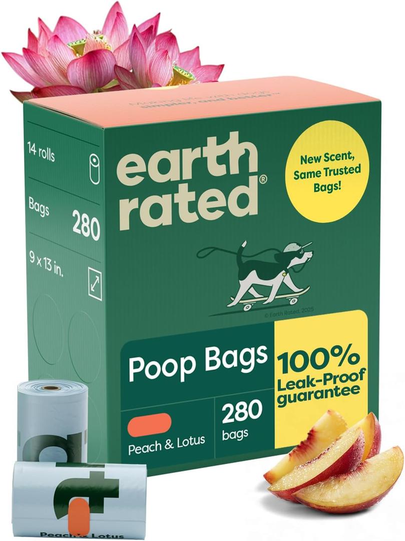 Earth Rated Poop Bags for Dogs, Guaranteed Leak Proof and Extra Thick Waste Bag Refill Rolls, Peach and Lotus, 280 Count