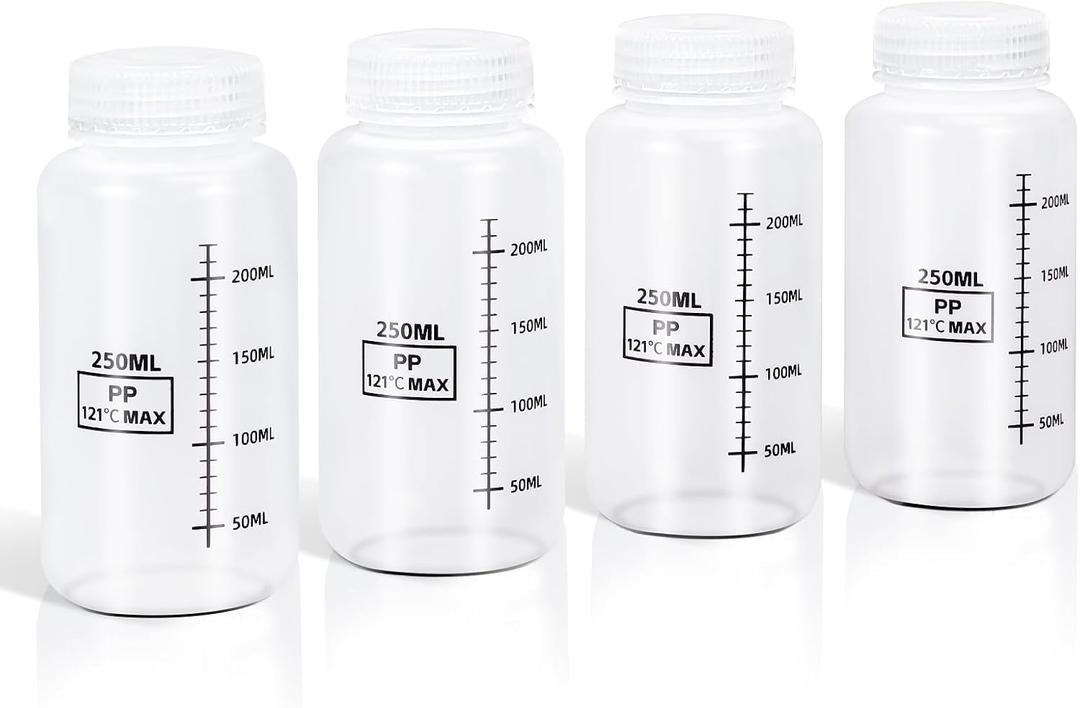 DEMORA Plastic Bottles with Airtight Caps 8oz/250ml, Food Grade Wide Mouth Liquid Containers, Reusable HDPE Graduated Plastic Bottles for Water Sample Lab Reagent Liquids Mixing (Translucent, 4 Pcs)