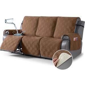 TAOCOCO 100% Waterproof Recliner Sofa Covers 3 Seater Split Couch Covers for 3 Cushion Reclining Couch with Straps, Non Slip Reclining Sofa Covers Furniture Protector for Kids Pets (3 Seater, Brown)