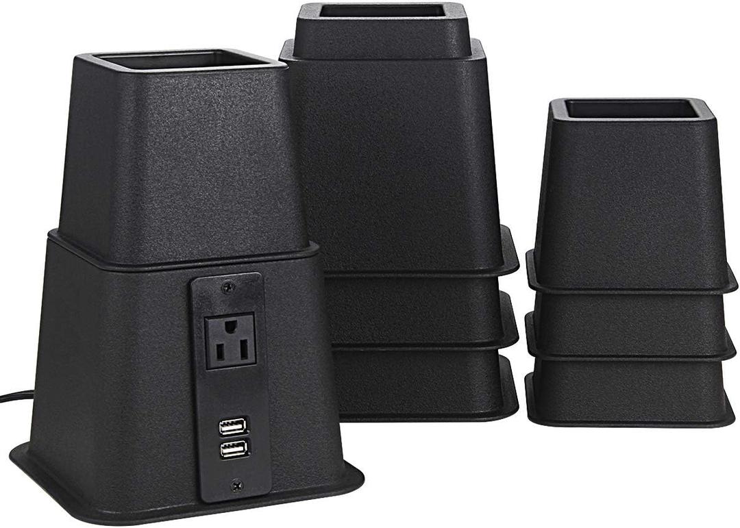 Butizone Bed Risers with Power Outlet and USB Ports, Adjustable Heavy Duty Furniture Riser Lifts in Heights of 3, 5 or 8 Inches for Sofa and Table, Supports up to 1,500 lbs Set of 4, Black