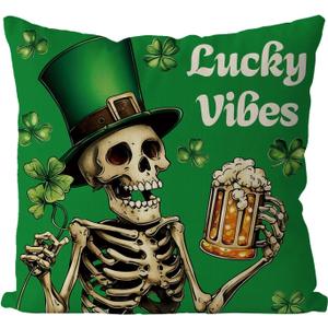 3 x GAGEC St Patricks Day Pillow Covers 18x18 Inch Skeleton Decor St Patricks Day Decorations Skeleton Pillow Covers Spooky Skull Throw Pillowcase Holiday Cushion Case for Home Sofa Couch Decor