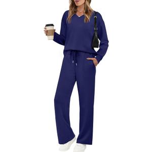 WIHOLL Lounge Sets for Women 2025 V Neck 2 Piece Outfits Airport Wide Leg Pants Matching Set Sweatsuits (Medium, 03 - Navy Blue)