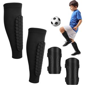 Soccer Shin Guards for Kids Youth, Shin Guards Kids, Calf Compression Sleeve with Honeycomb Pads + Hard Shell Shin Guards with Adjustable Straps for Football Training and Games (Small)
