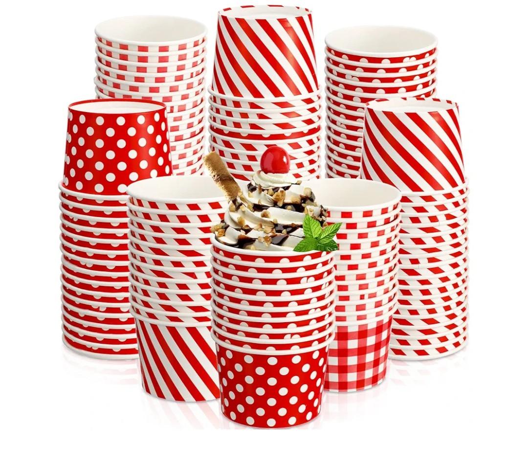 Zubebe 60 Pieces 9 oz Paper Ice Cream Cups Dot Striped Gingham Snack Paper Red Ice Cream Bowls Disposable Party Bowls Soup Cups Dessert Yogurt for Sundae Hot or Cold Food for Parties, BBQ, Events