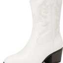 DREAM PAIRS Cowboy Boots for Women, Mid Calf Cowgirl Boots with Embroidery Round Toe Western Chunky Low Heel Shoes (7, White)