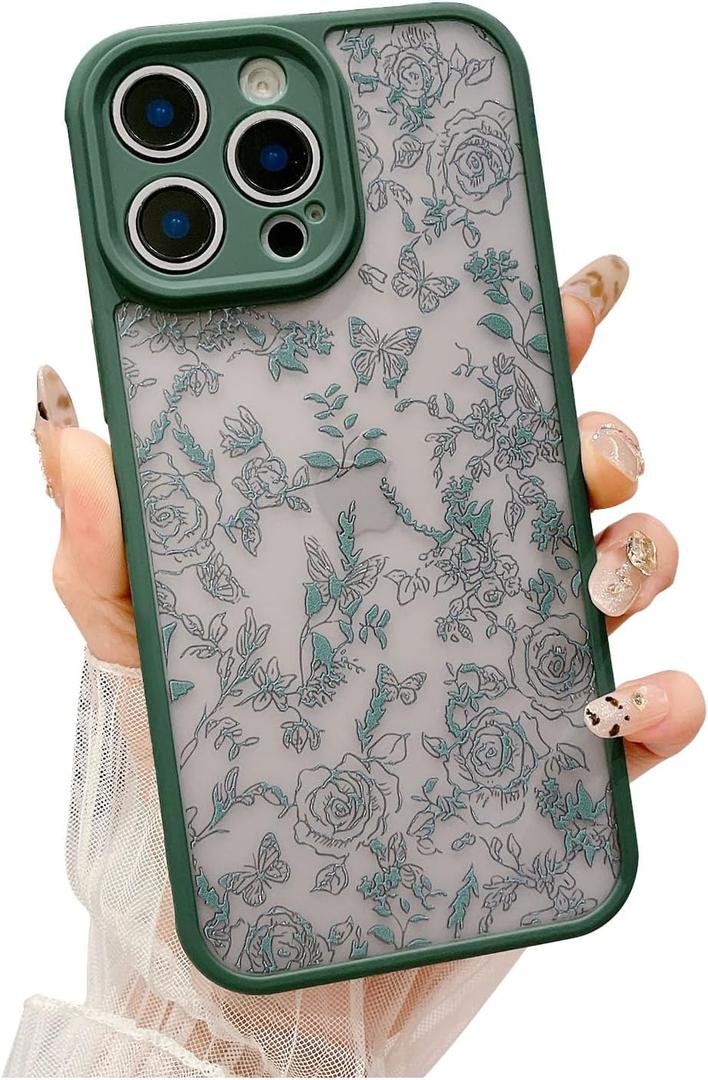 for iPhone 13 Pro Max Case, Flowers Butterfly Slim Hard PC Frosted Shockproof Drop Protection Cover, Translucent Matte Floral Phone Case for Women Girls 6.7" - Green