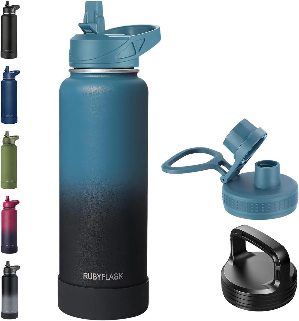 RUBYFLASK 40oz Insulated Water Bottle with Straw, Stainless Steel Metal Vacuum Water Flask, Large Thermal Water bottle with Leakproof 3 Lids for Travel, Camping, Gym Sports Indigo Black