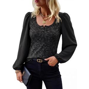 HEYTALALA Womens Puff Long Sleeve Tunic Tops Button Down Square Neck Blouse Loose Fit Basic T Shirt Elegant Tee Shirts Black L