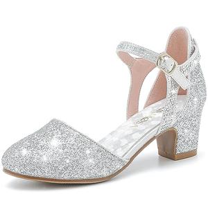LAURMOSA Heels for Girls Silver Dress Shoes Girl Sandals for Wedding Party Dinner Closed Toe Low Chunky Block Ankle Strap Pump Shoes for Little Big Kids(L1013Silver 4)