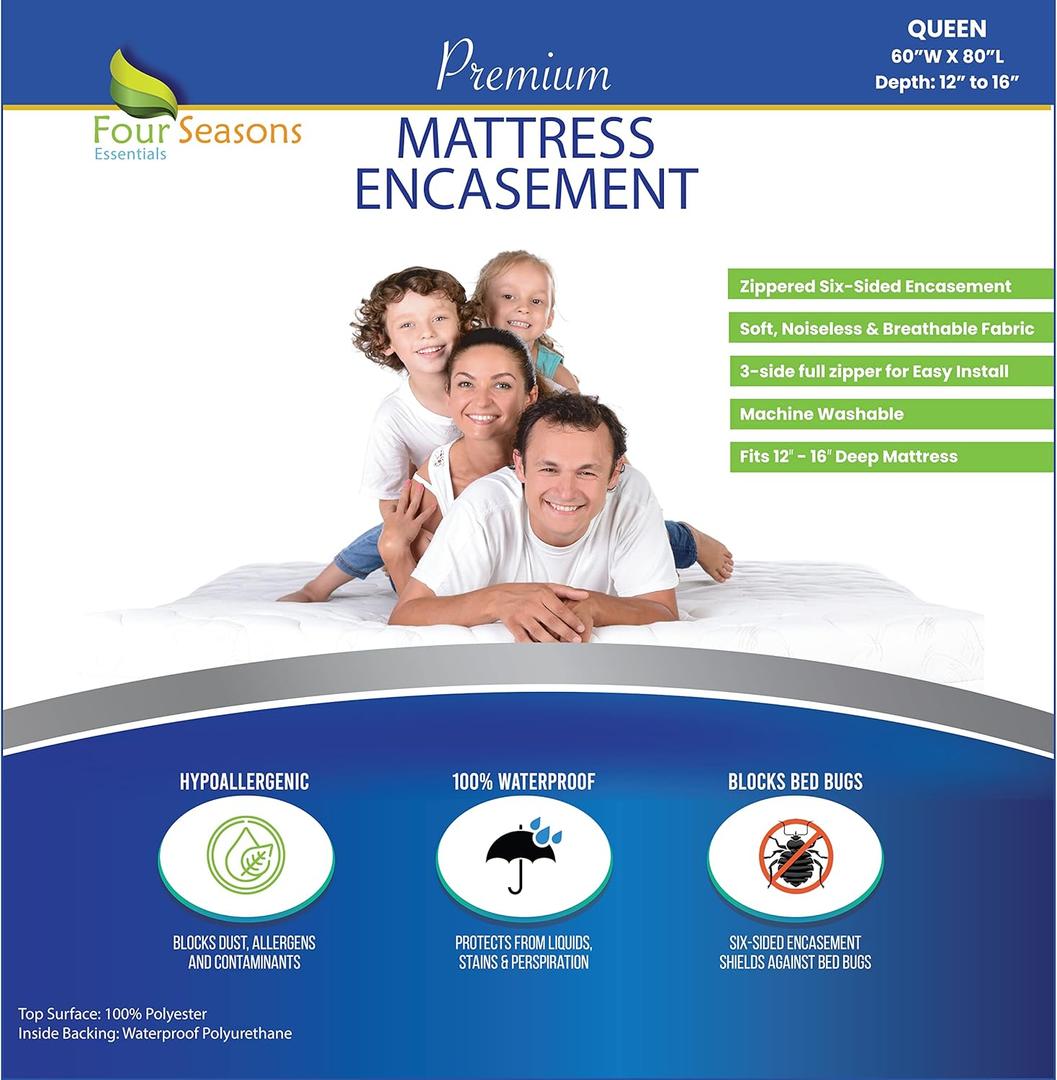 Four Seasons Essentials Queen Mattress Protector - Zippered Bedbug Waterproof Mattress Cover, Premium Quality Hypoallergenic Bed Encasement White