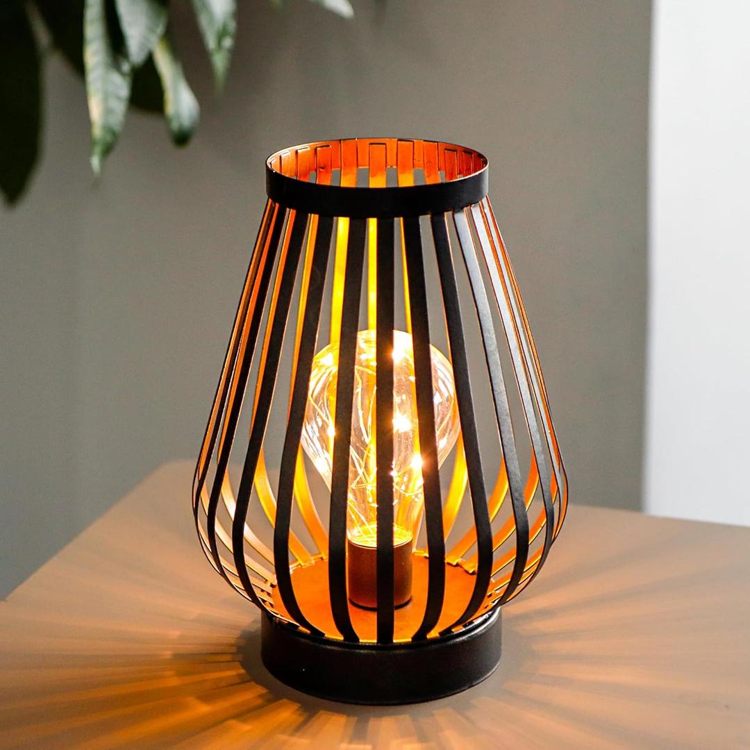 JHY DESIGN Metal Cage LED Lantern 8.7''H Battery Powered Cordless Accent Light with LED Edison Style Bulb Great for Weddings Parties Patio Events Indoors Outdoors Christmas Decorations (Bronze egg)
