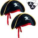 D-Fokes 2 Pieces Pirate Hat Skull Print Pirate Captain Costume Cap - Pirate Accessories Funny Party Hat Caribbean Fancy Dress (Black)