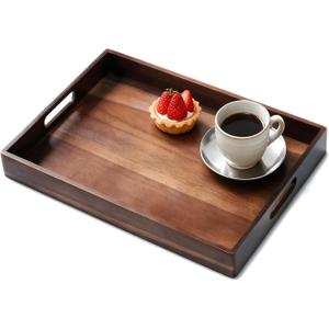 Acacia Wood Serving Tray with Handles, 17 Inch Wooden Tray for Ottoman, Breakfast, Lunch, Dinner, Decorative Rectangular Tray for Living Room, Kitchen Counter, Outdoor