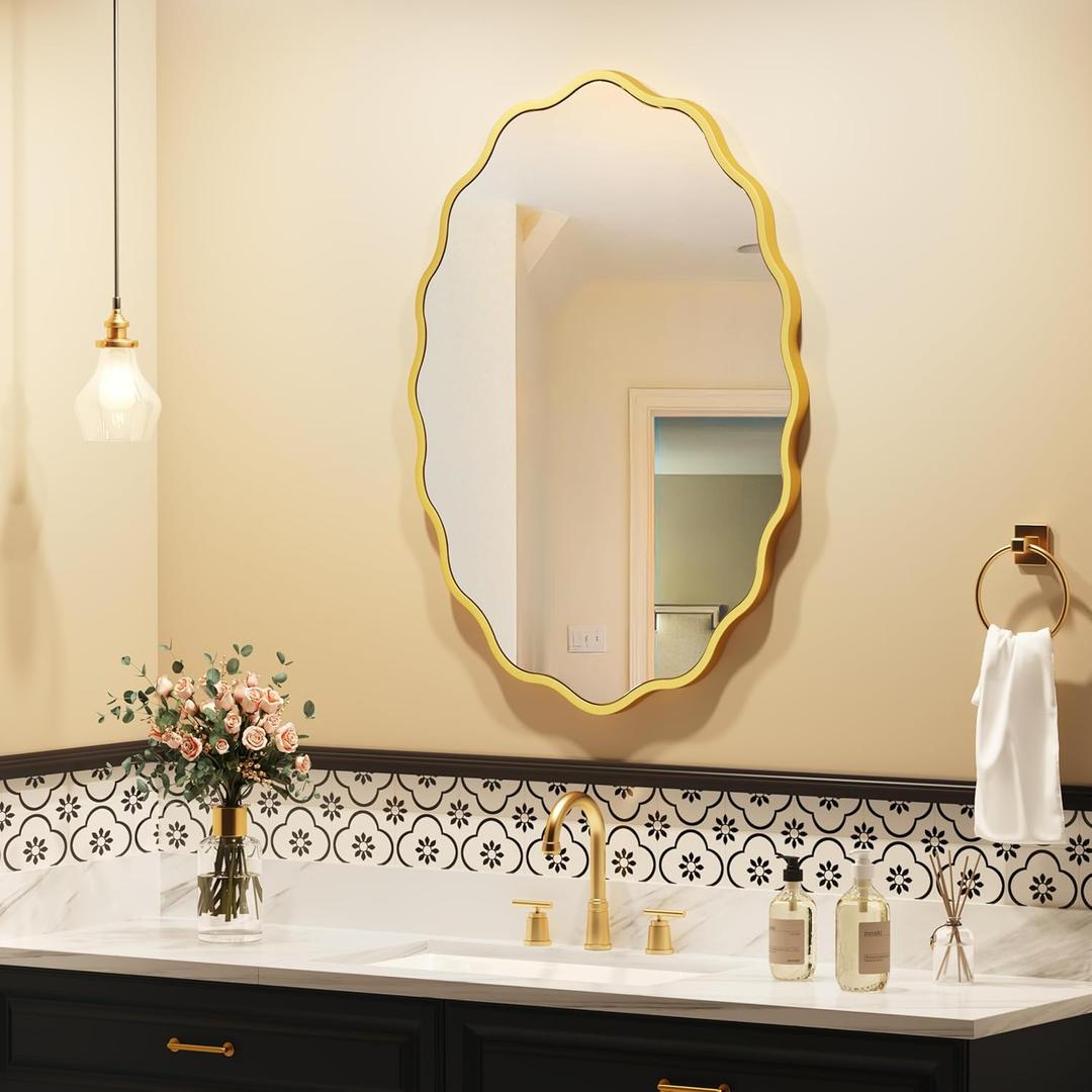 Gold Oval Wavy Mirror 2028inch, Irregularly Shaped, Unique Vanity Mirror, Wall Mirror for Bathroom, Living Room, Bedroom, Entryway
