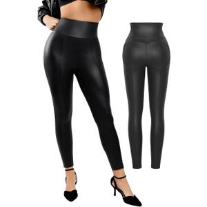 Popilush Shapewear Leggings Leather Pants - Faux Leather Leggings for Women Tummy Control Hight Waisted Pleather Pants (Large)