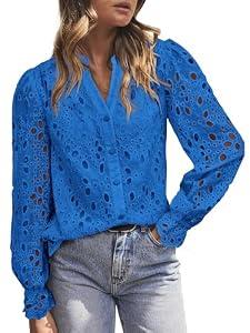 MASCOMODA Womens Tops Dressy Casual Fall Puff Long Sleeve Eyelet Button Shirts V Neck Lace Embroidered Hollow Out Work Blouse(Blue,Medium)