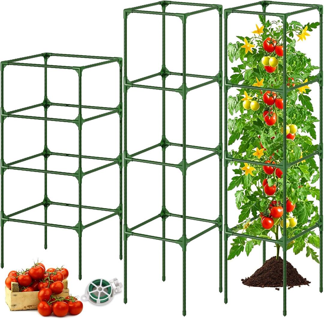 Fabulas Tomato Cage, Square Tomato Trellis Plant Support Stake Cages for Garden and Pots Tall Up to 63 Inch Adjustable Cucumber Trellis for Raised Bed Outdoor Climbing Plants Vegetables Flower, 3 Pack