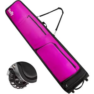 Wheeled Ski Bag for Air Travel, Padded Waterproof Ski Gear Bag Fits 2 Pairs Skis, Adjustable Length 156-200cm, Foldable (175, Purple)