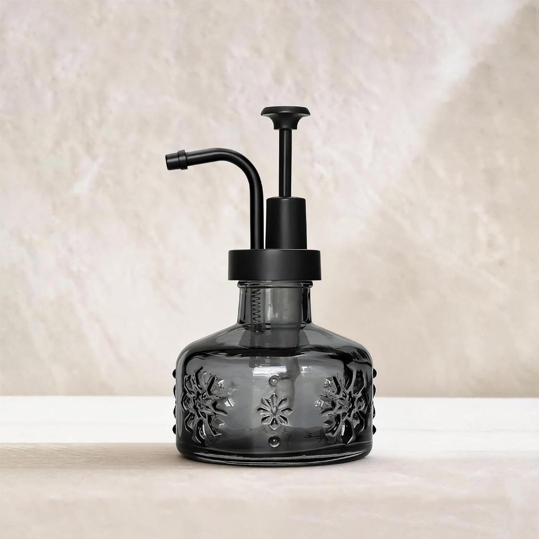 Cute Mini Glass Soap Dispenser with Pump, 6oz Vintage Gothic Style, Colored Thick Glass, for Bathroom or Vanity Decor (Grey) (Gray)