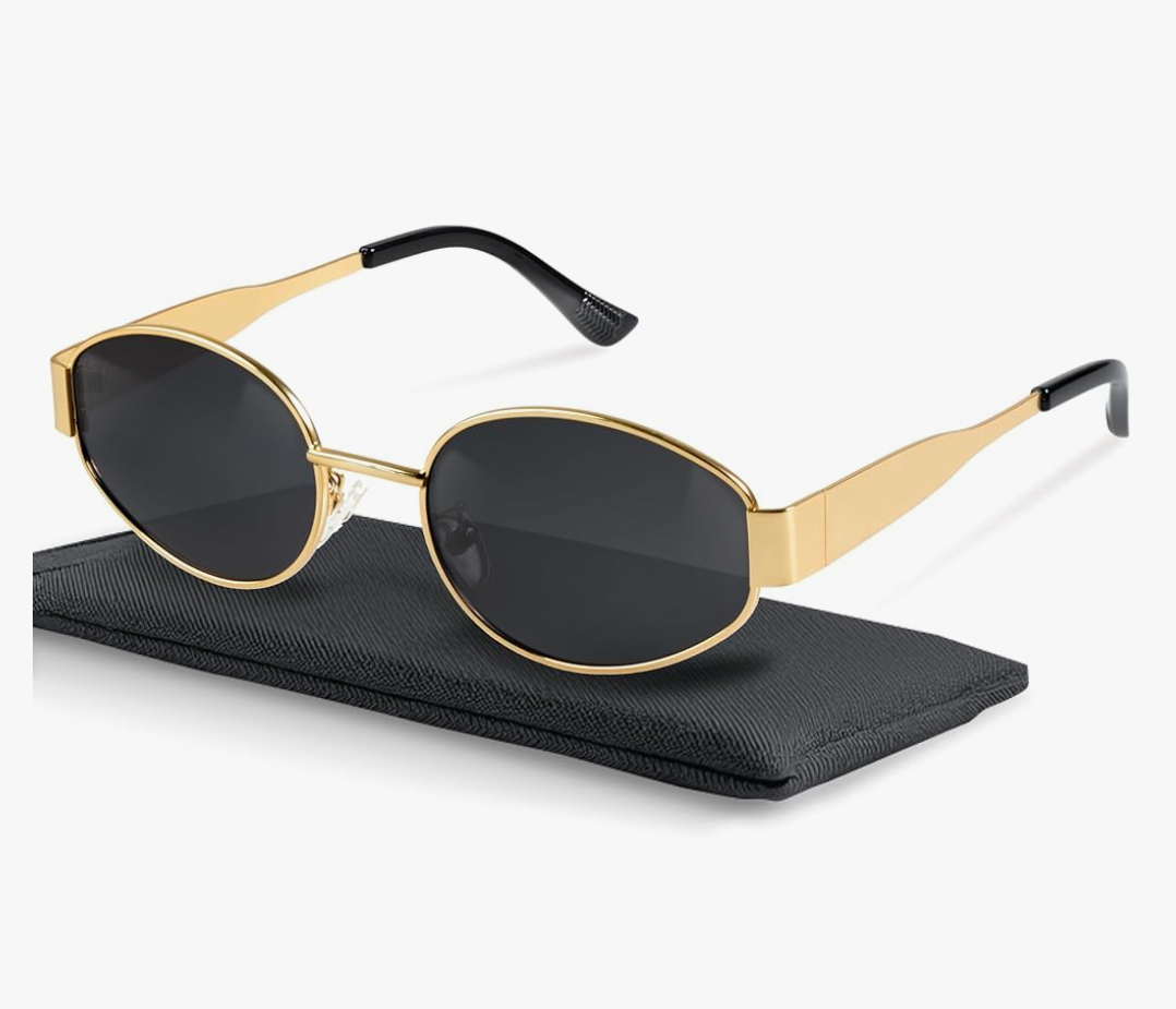 livho Retro Polarized Sunglasses - UV400 Protection, Oval Shape, Metal Frames - Matching Soft Case Inlcuded