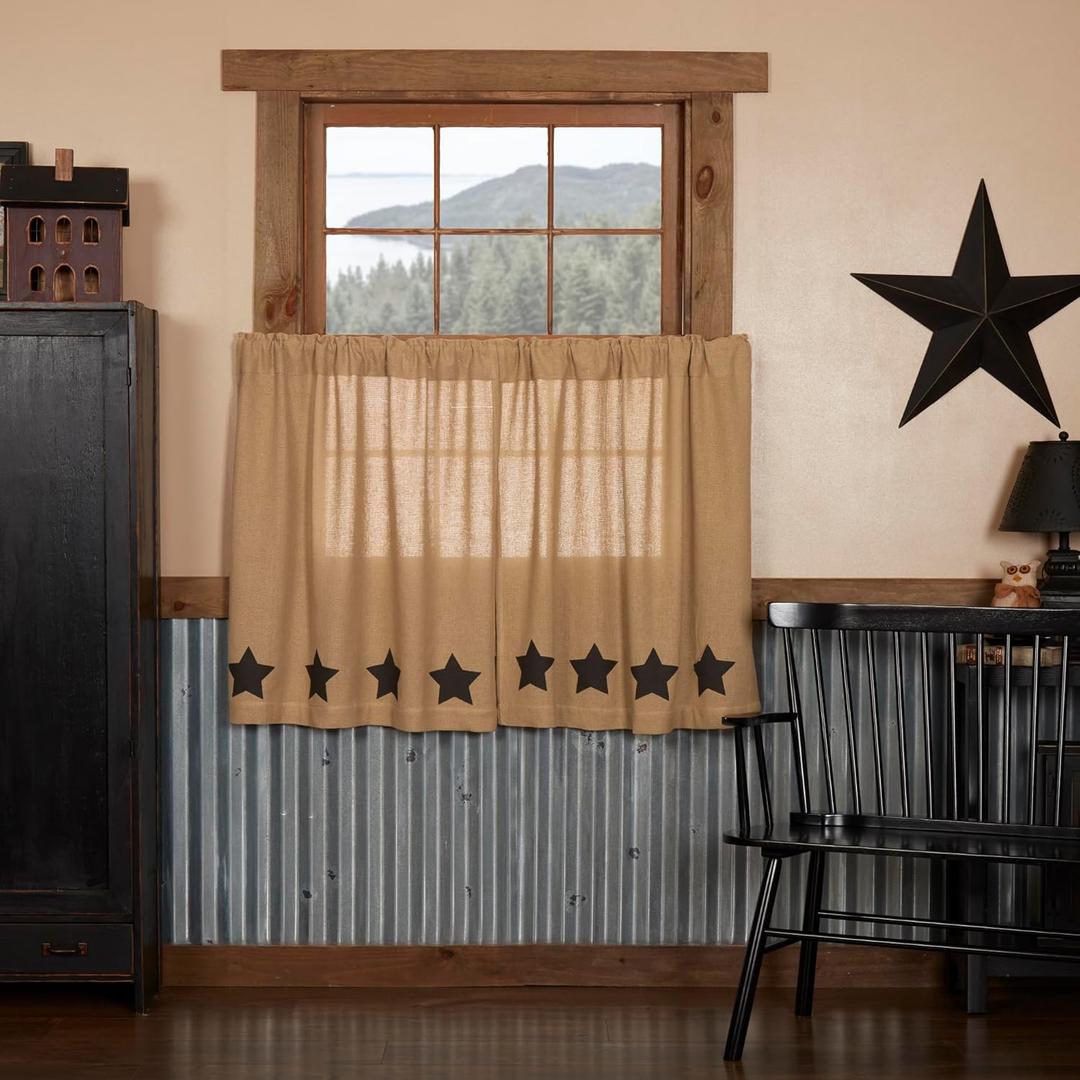 VHC Brands Burlap Natural with Black Stars Primitive 36"x36" Tier Pair Tan Rod Pocket Stenciled Cotton Kitchen Window Curtains