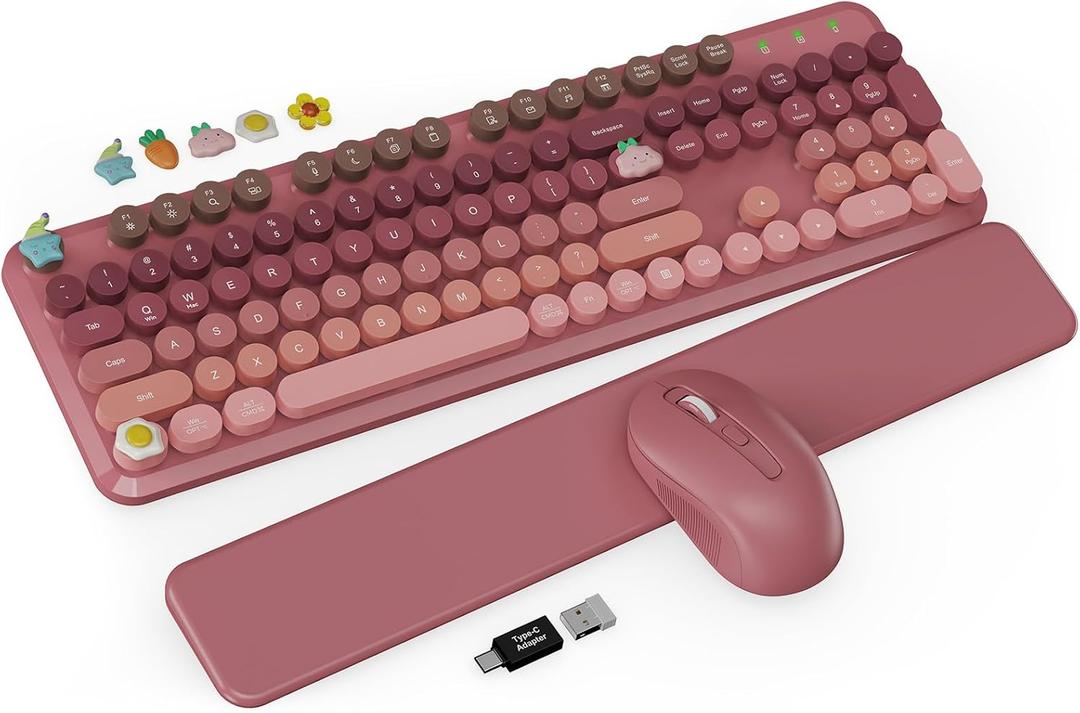Wireless Keyboard and Mouse Combo, Typewriter Keyboard with Detachable Wrist Rest, Full-Size Retro Round Keycaps, Smart-Sleep, 2.4GHz Stable Connection for Mac/Windows/PC, Trueque(Ombre Dusty Rose)