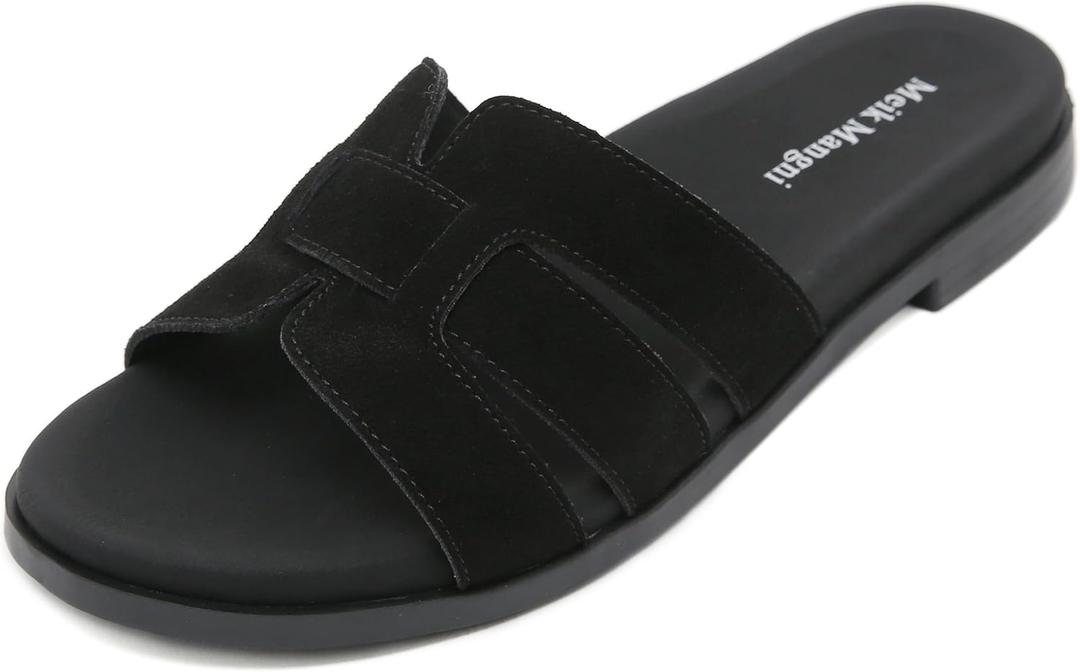 Meik Mangni Women's Flats Dressy Slide Sandals Comfortable Arch Support Sandals Fashion Open Toe Slip On Beach Sandals for Summer (Black,9.5 US)