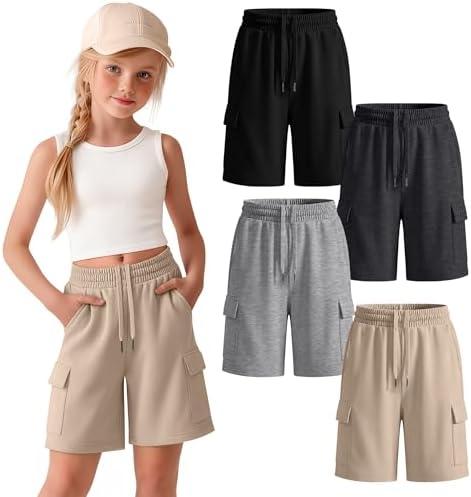 4 Pack Girls Cargo Bermuda Shorts | Teen, Back to School, Knee Length, 4 Pockets, Athletic Shorts, Summer Pants, Sports Meet, 11-12Y, Khaki, Light Heather Gray, Dark Heather Gray, Black